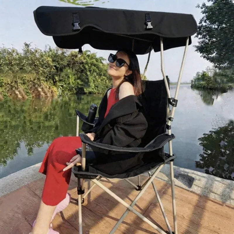 Portable Folding Camping Chair With Adjustable Sun Canopy, Heavy Duty Beach Lawn Chair With Cup Holder Side Pocket, Lightweight Foldable Outdoor Chair For Fishing Picnic Poolside Travel Garden