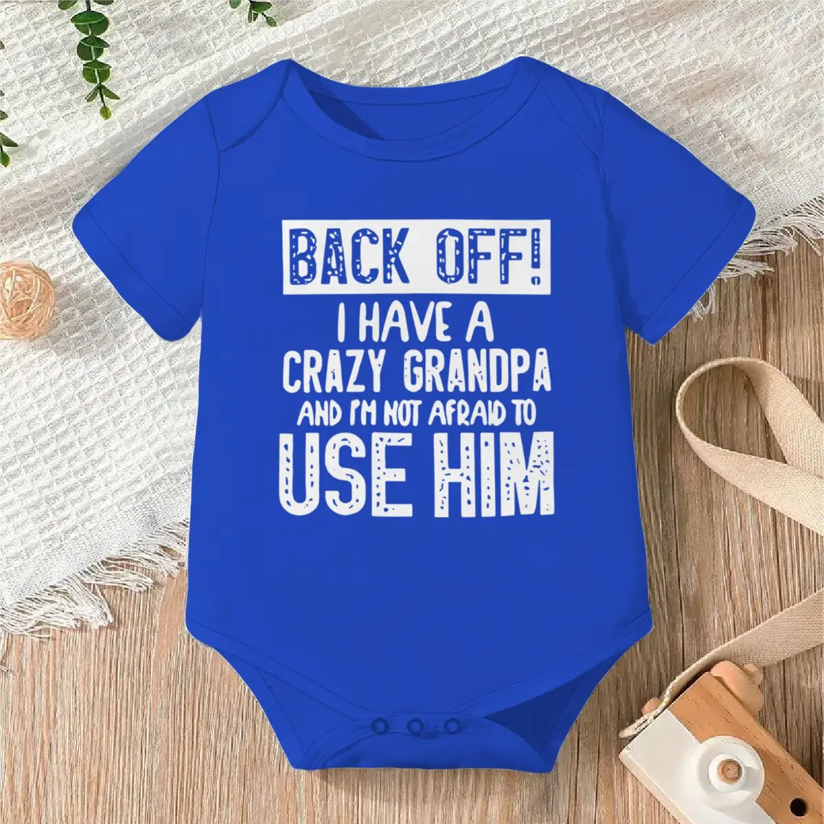 Cute Cotton Baby Bodysuit with "Back Off! I Have A Crazy Grandpa" Print Short Sleeve Baby Girl Boy Jumpsuit Kids Cotton Clothes