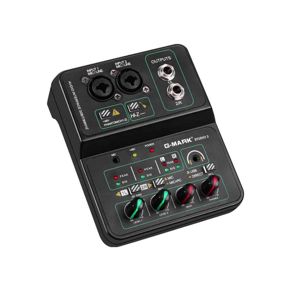 G-MARK Studio 2 Mini 2-Channel Audio Mixer with 48V Phantom Power 32-bit 96kHz Sound Interface for Recording Podcasting Live Streaming And DJ Parties