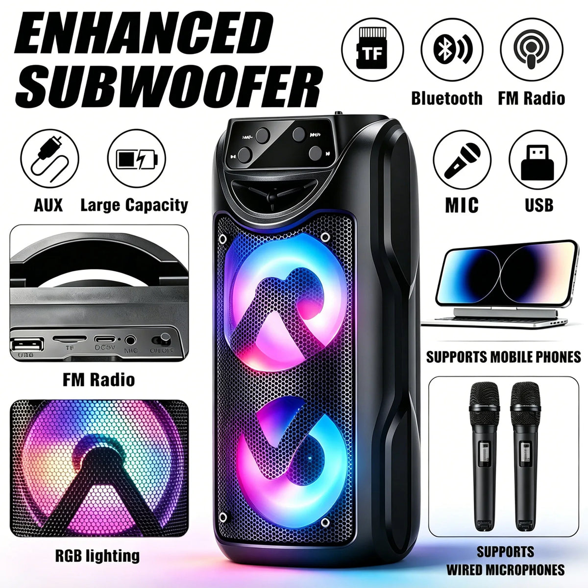 Portable Bluetooth Wireless Speaker, Dual Subwoofers for Powerful Deep Bass, TWS Stereo, Support BT/FM/USB/AUX/TF Card & Mic Input, Loud Volume Speaker for Home Party, Holiday Gathering, Ideal Christmas Gift