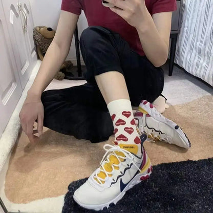 New Women Socks Cute Love With Heart Print Sock Cotton Harajuku Vintage Happy Female Dots Heart Kawaii Sox White Pink Crew Sock