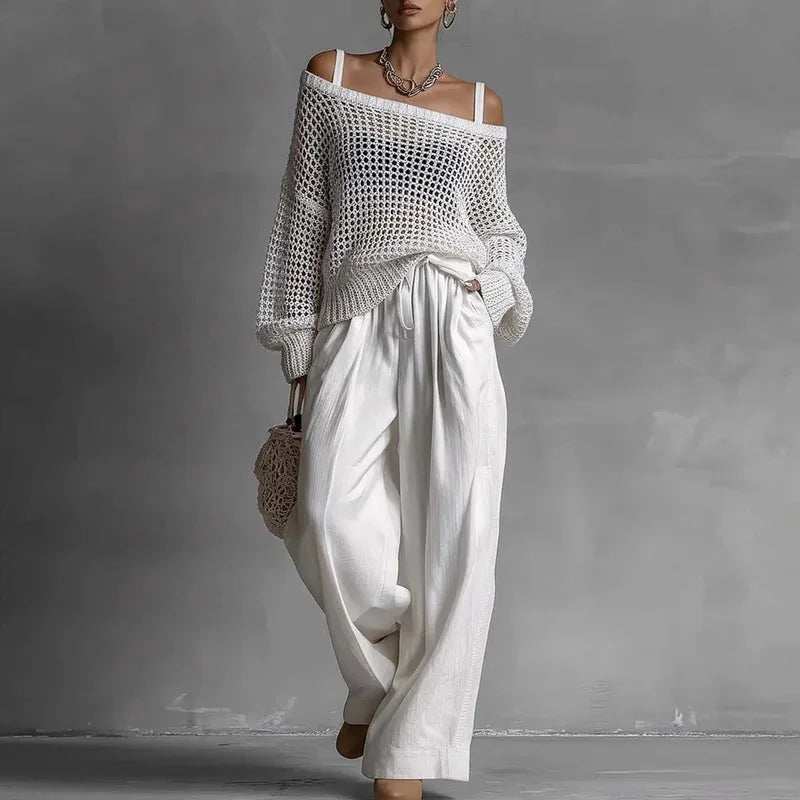 Off Shoulder Hollow Knit Womens 2 Piece Set Long Sleeve High Waist Wide Leg Pants Outfit Casual Loose Summer Beach Vacation Suit