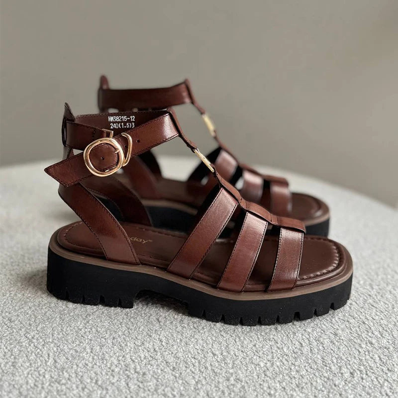 BeauToday Gladiator Sandals Women Genuine Leather Round Toe Ankle Metal Buckle Platform Summer Ladies Shoes Handmade 38215