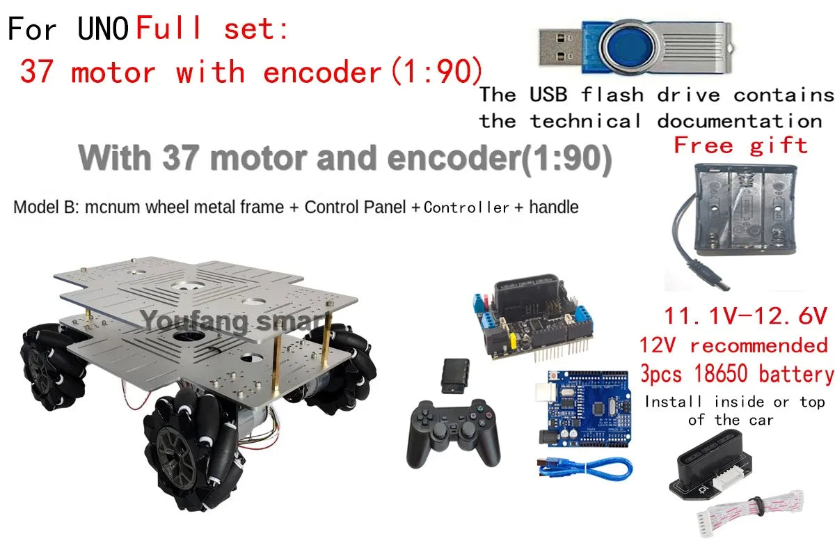 25Kg Big Load 4WD Mecanum Wheel Robot Car 330+240mm Chassis with 12V Encoder Motor for Arduino ROS Robot Arm DIY Kit Toy Parts