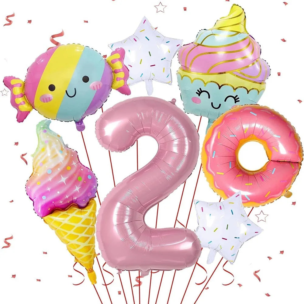 7pcs Ice Cream Balloons with 40 inch Number Doughnut Candy Dessert Food theme Aluminum Film Balloons Birthday Party Decoration