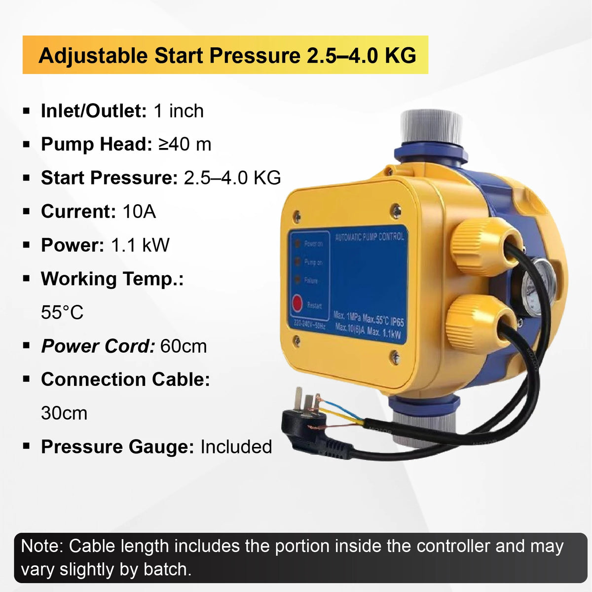 220V Automatic Water Booster Pump Controller Adjustable Pressure Water Pump Pressure Switch Dry Run Protection G1 Inch Thread