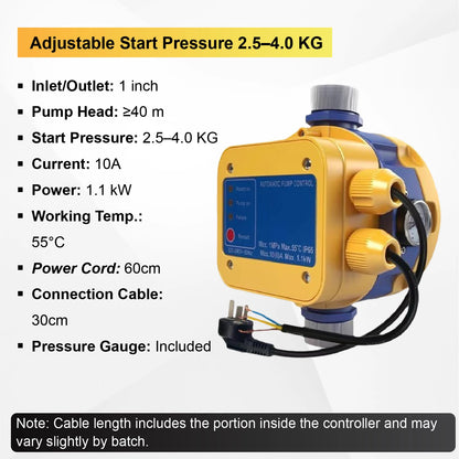 220V Automatic Water Booster Pump Controller Adjustable Pressure Water Pump Pressure Switch Dry Run Protection G1 Inch Thread