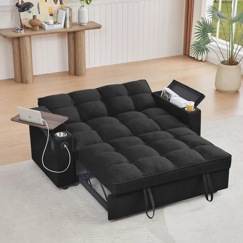 hansones 65'' 3-in-1 Folding Convertible Sofa Bed, Pullout Sofa, Modern Chenille Fabric, 360° Swivel Side Table, Easy Assembly,