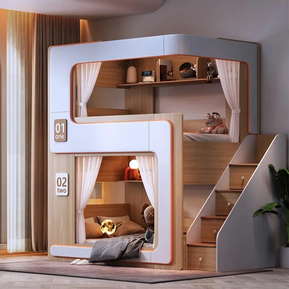 Simple Small Space Bunk Bed for Kids Floating Style High Guardrail Privacy Separated Twin Bed with Double Bookshelves