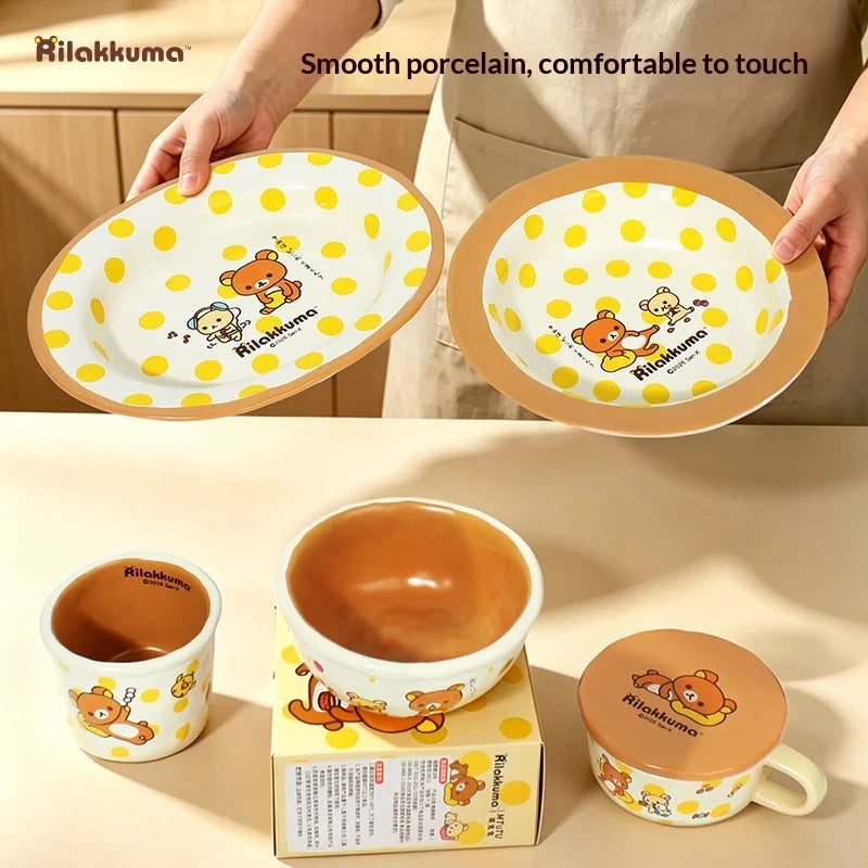 Mtutu 2026 New Rilakkuma Ceramic Tableware Set Cute Printed Plate Soup Bowl Fruit Plate Mug Cup Set Home Supplies Holiday Gifts