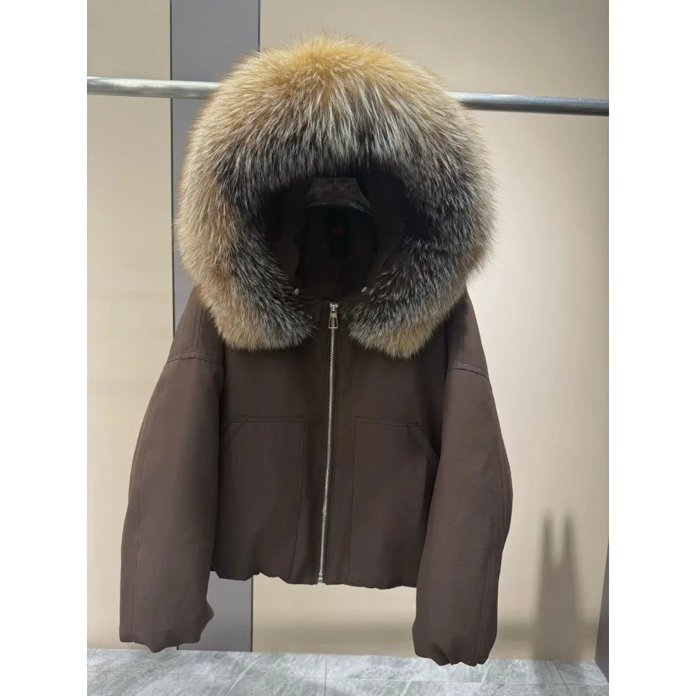 OFTBUY Real Fox Fur Collar Goose Down Jacket Women Cropped Hooded Coat Winter Warm Zipper Natural Fox Fur Thick Outerwear