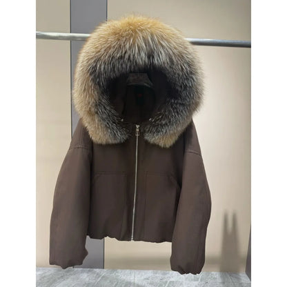OFTBUY Real Fox Fur Collar Goose Down Jacket Women Cropped Hooded Coat Winter Warm Zipper Natural Fox Fur Thick Outerwear