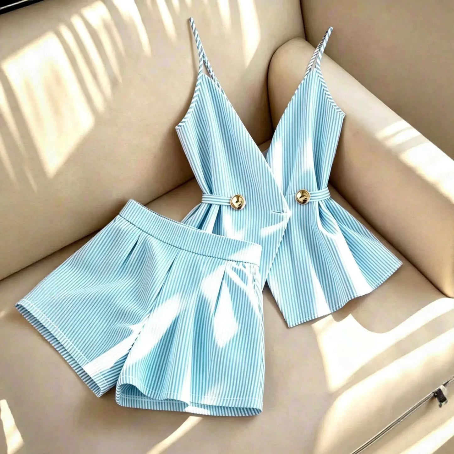 Women Striped 2 Piece Set V-neck Top Lace Up High Waist Pleated Wide Leg Shorts Summer Fashion Office Ladies Commuting Outfit