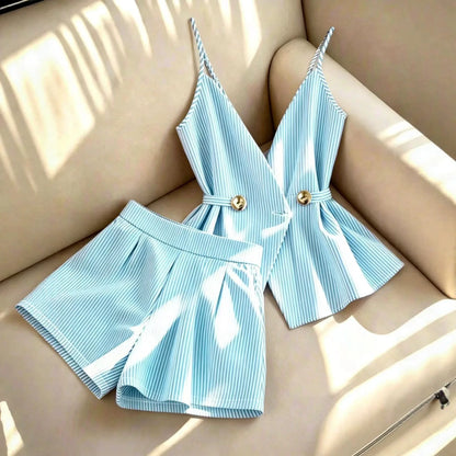 Women Striped 2 Piece Set V-neck Top Lace Up High Waist Pleated Wide Leg Shorts Summer Fashion Office Ladies Commuting Outfit