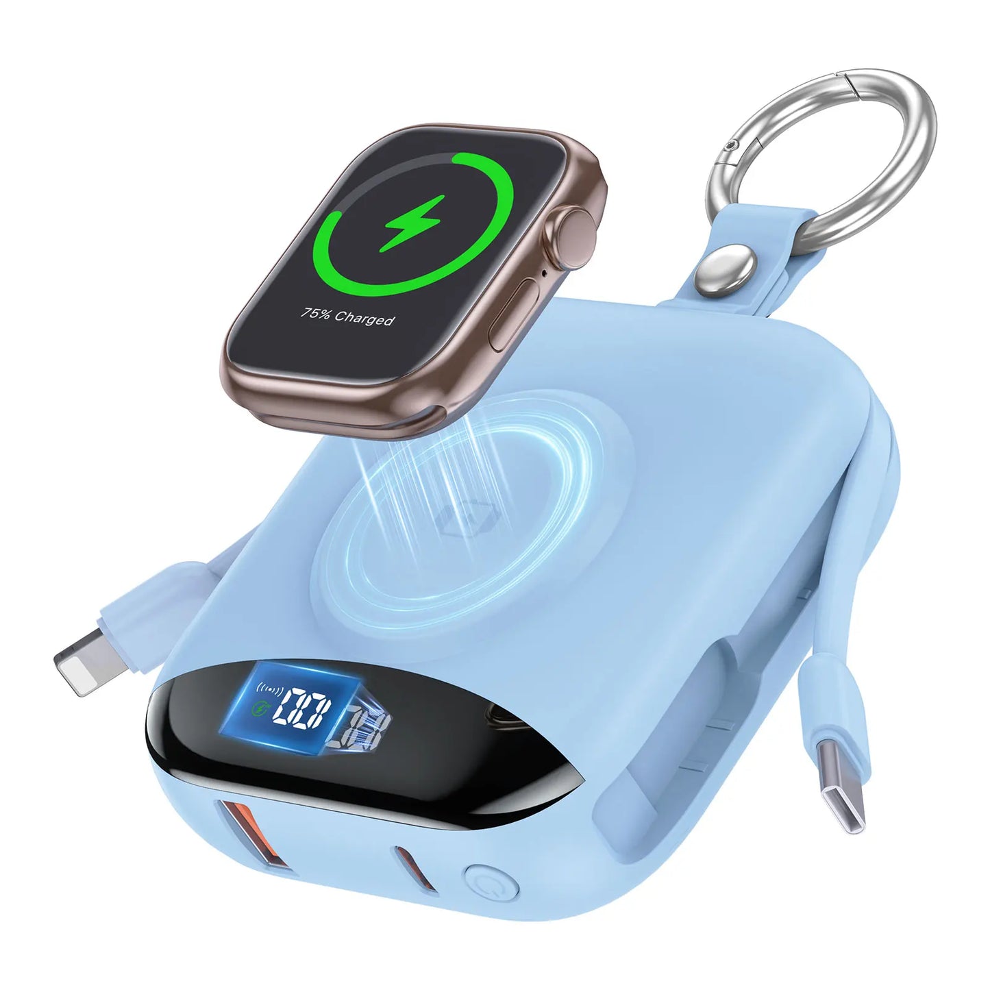 10000mAh 22.5W Fast Charging Power Bank with Built-in Cables, 4-in-1 Portable Charger with LED Display Keychain for IWatch Phone