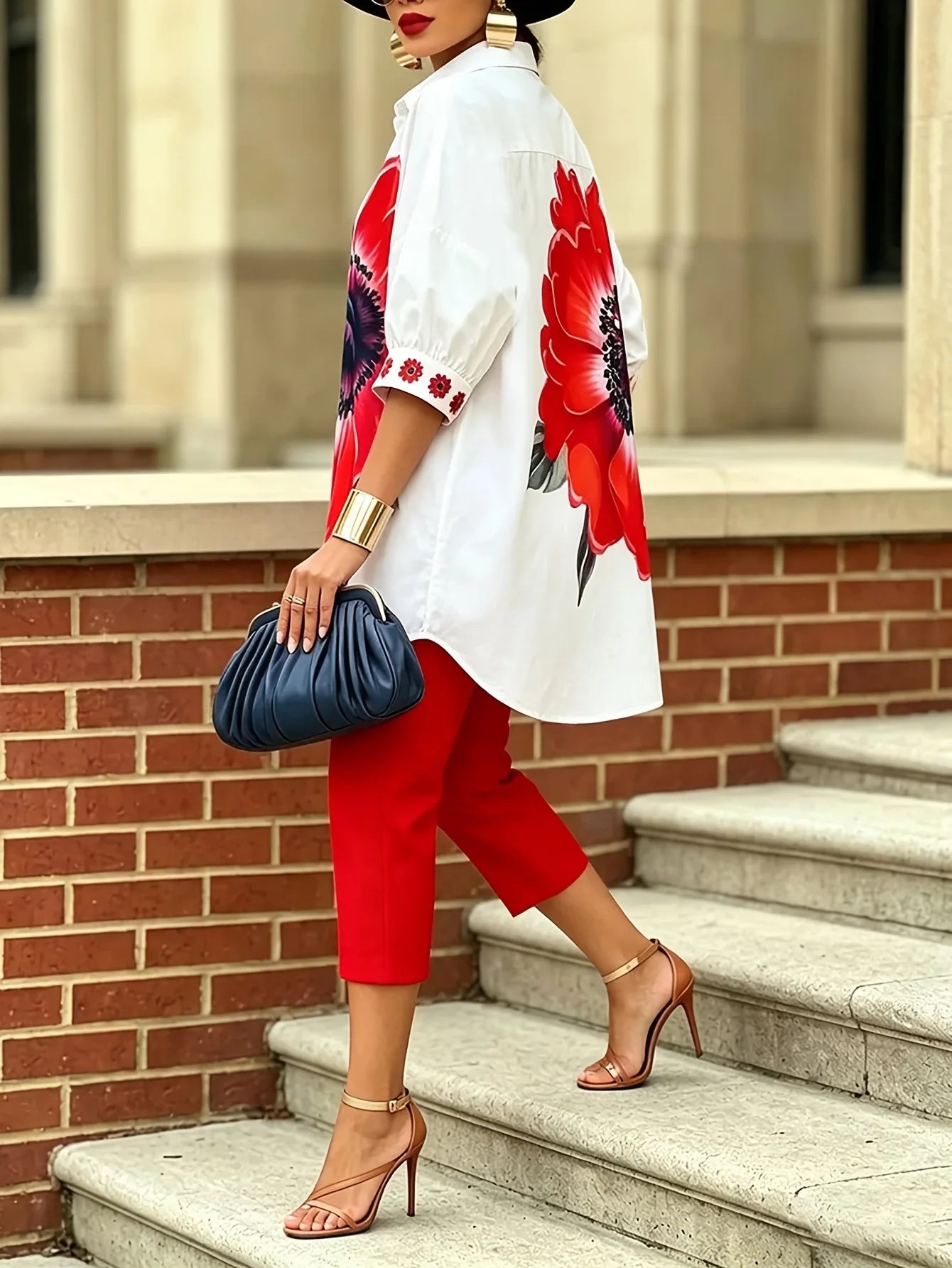 Vintage Women Floral Printed 2 Piece Set Single-breasted Short Sleeves Turndown Collar Shirts Solid Slim Trousers Casual Outfit