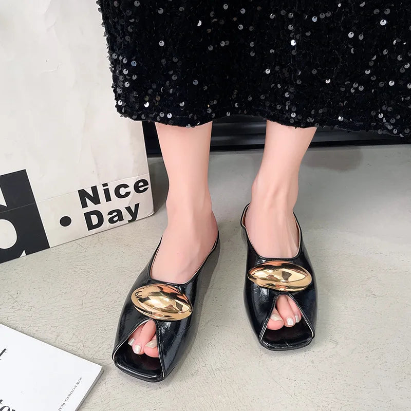 2026 new elegant temperament metal buckle fish mouth slippers fashionable flat shoes PU slippers