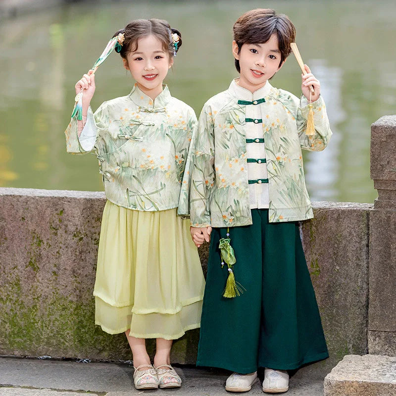 Fashion Hanfu Girl Suit Tang Costume Summer Chinese Style Boy Set Children's Sets Casual Kids Clothes Performance Baby Outfit