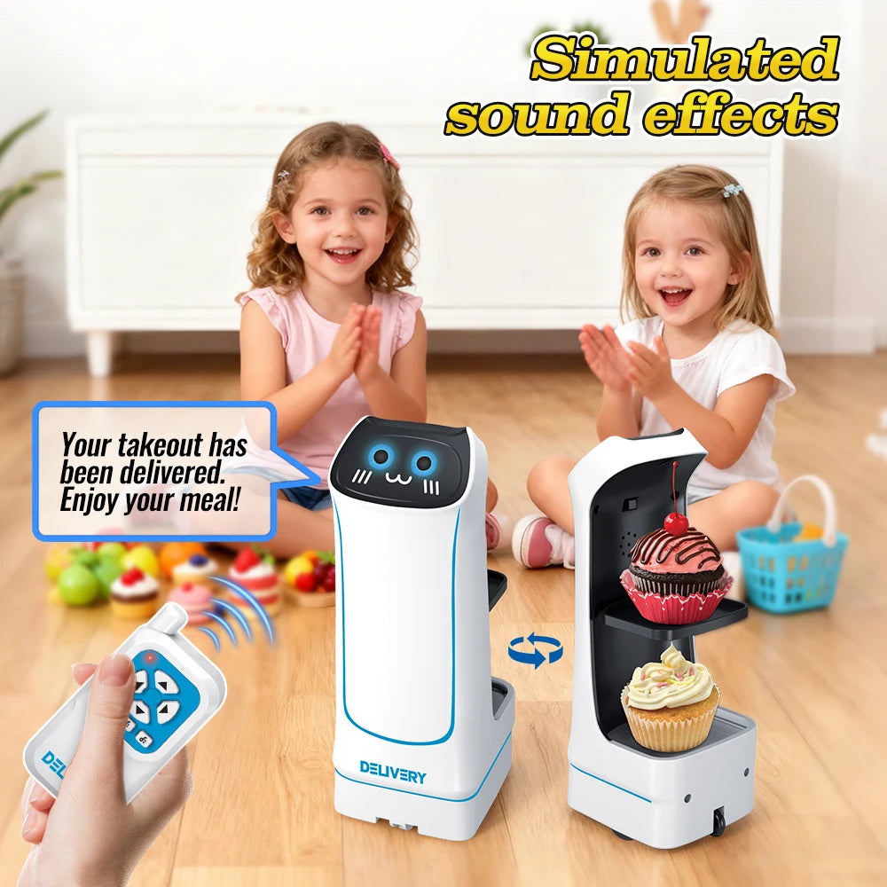 2.4G RC Food Delivery Robot Toy with Light & Sound, Pretend Play Kitchen Set for Kids, Interactive Gift for Christmas New Year