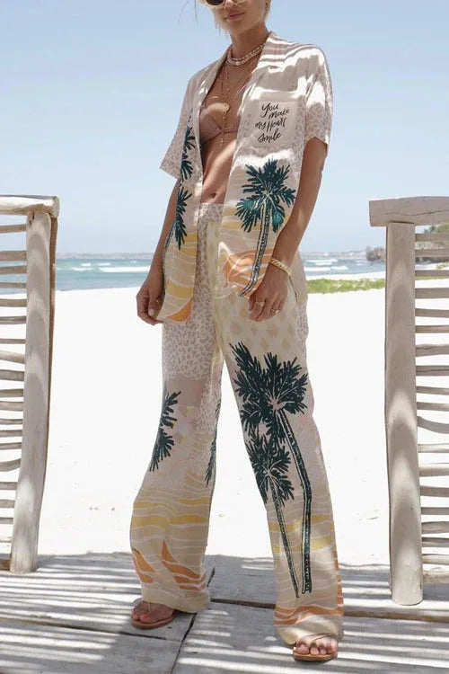 Fashion Print Beach Holiday 2-Piece Set Women Spring Summer Long Sleeve Shirt Top + Wide Legs Women's Oversized Two-Piece Outfit