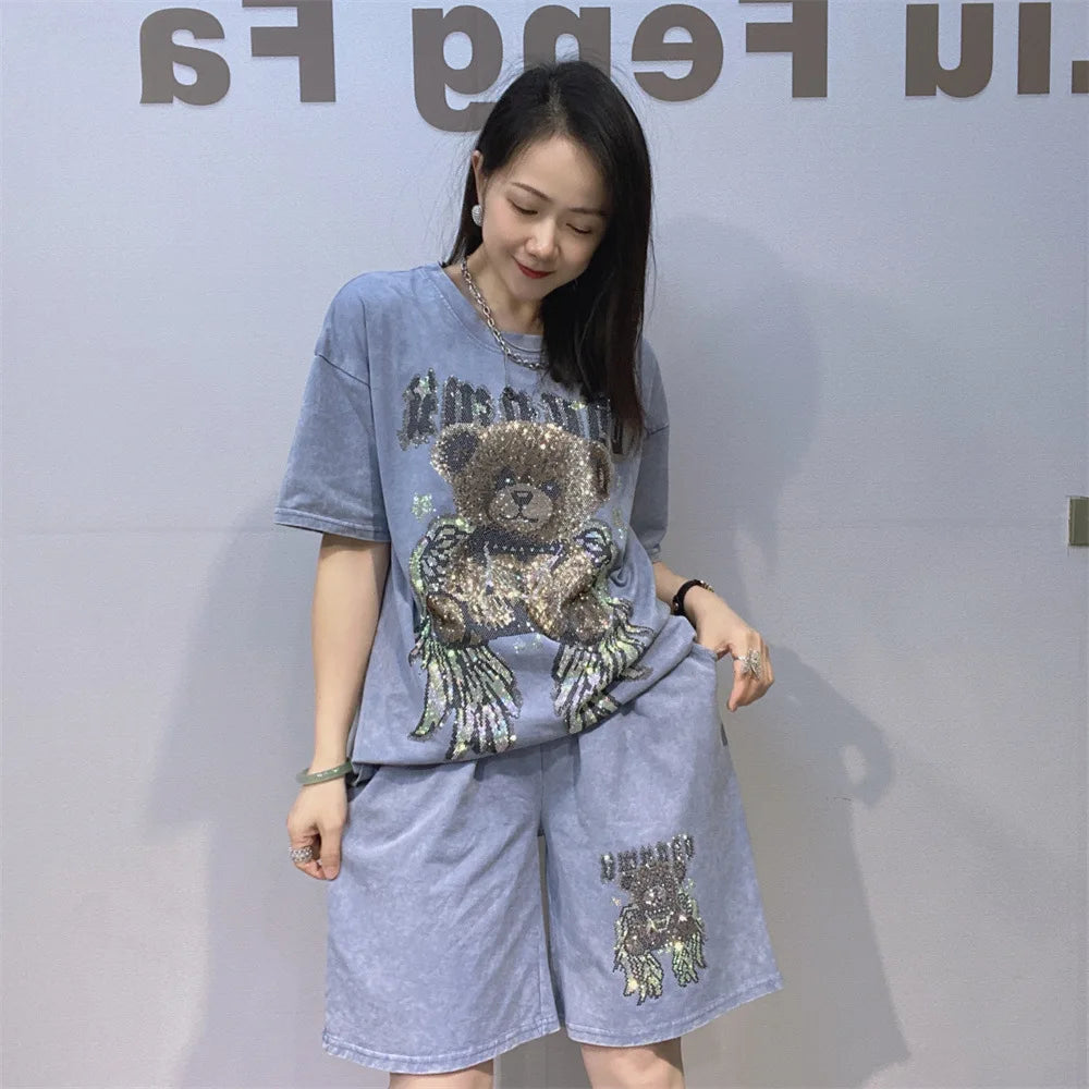 Tie-dye Cartoon Bear Oversized Short Pant Sets Woman Outfits 2026 Summer Casual O Neck Short Sleeve T Shirt 2 Piece Sets