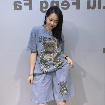 Tie-dye Cartoon Bear Oversized Short Pant Sets Woman Outfits 2026 Summer Casual O Neck Short Sleeve T Shirt 2 Piece Sets