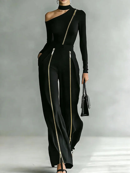 Women's Two-piece Slim-fit Long-sleeved Double-zipper Wide-leg Pant 2026 Spring Elegant Fashion Stand-up Collar Solid Color Suit