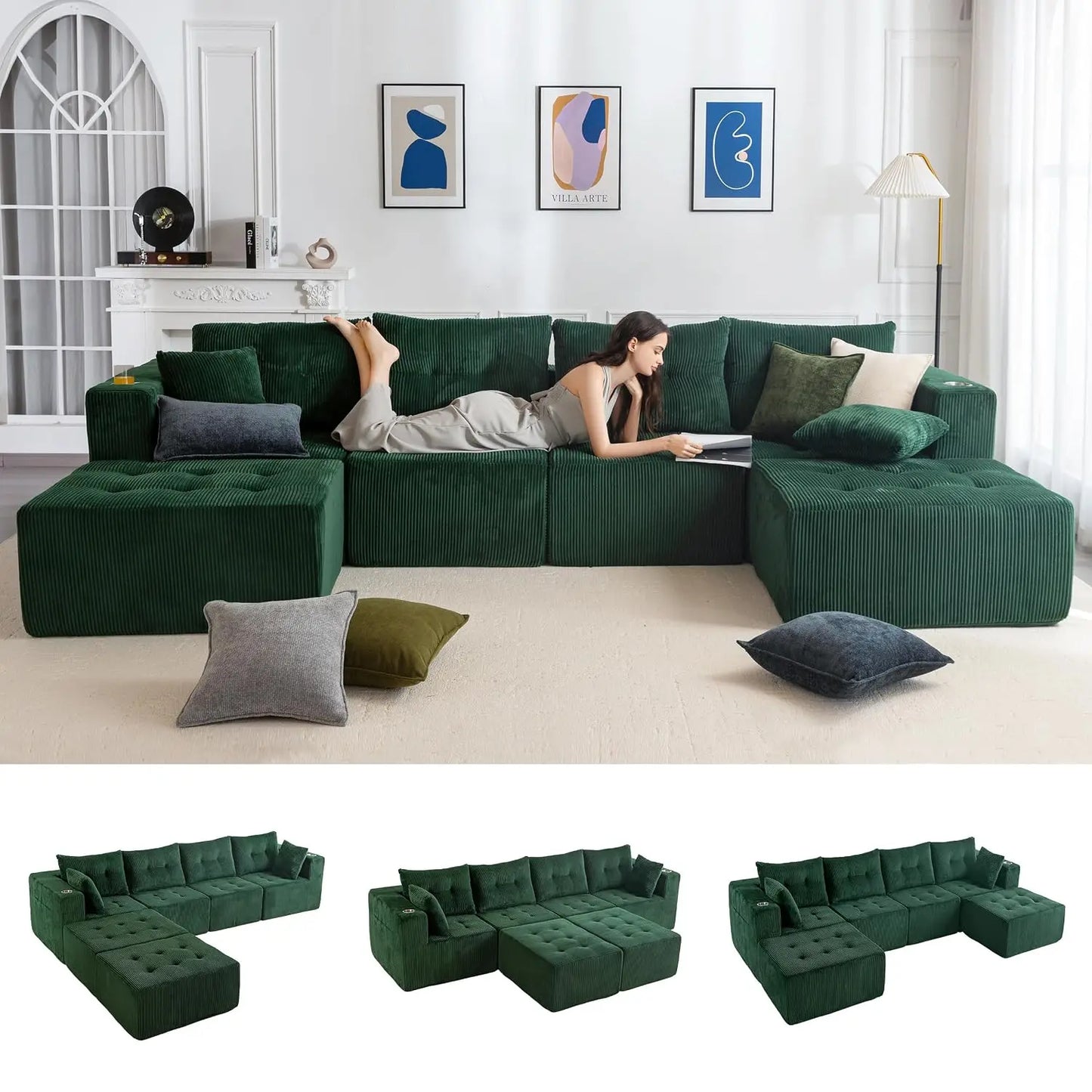 Boneless Couch, 129.5-Inch U-Shaped Cloud Couch, 2 Ottomans | Orange Tufted Modular Sofa in a Box Requires No, Customized