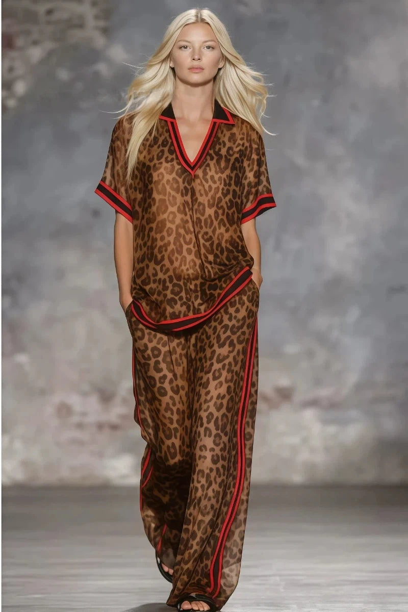 Women Leopard Print Two Piece Set Summer Casual Stripe V-Neck Short-sleeved Top & Wide Leg Pants Red Trim Casual Vacation Outfit