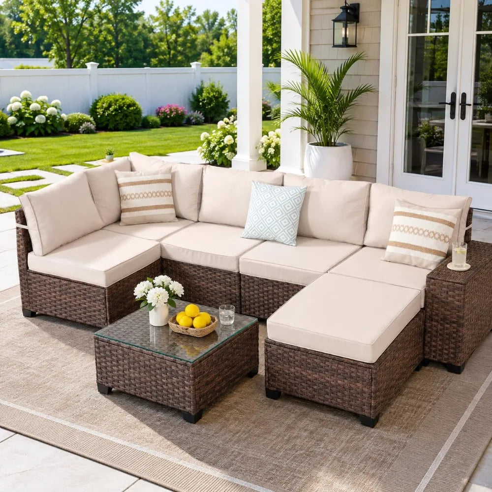 7-Piece All-Weather Wicker Outdoor Sectional Sofa with Coffee Table for Porch, Custom