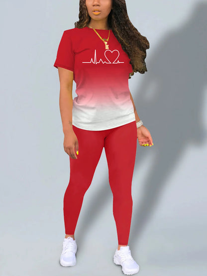 Women's Heart Print Gradient Casual Summer Outfit Set Comfortable Fashionable Trendy Ensemble for Warm Weather
