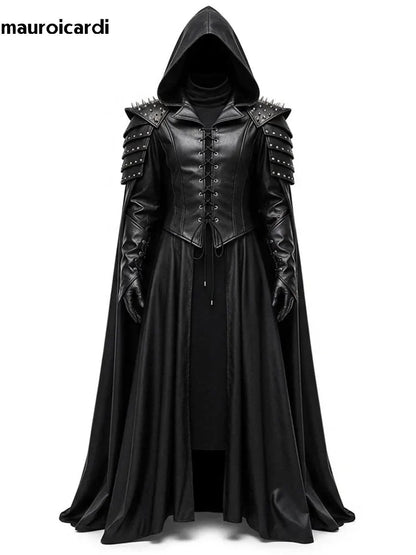 Mauroicardi Spring Autumn Extra Long Studded Black Pu Leather Poncho Overcoat Men with Hood Medieval Lace Up Luxury Cloak