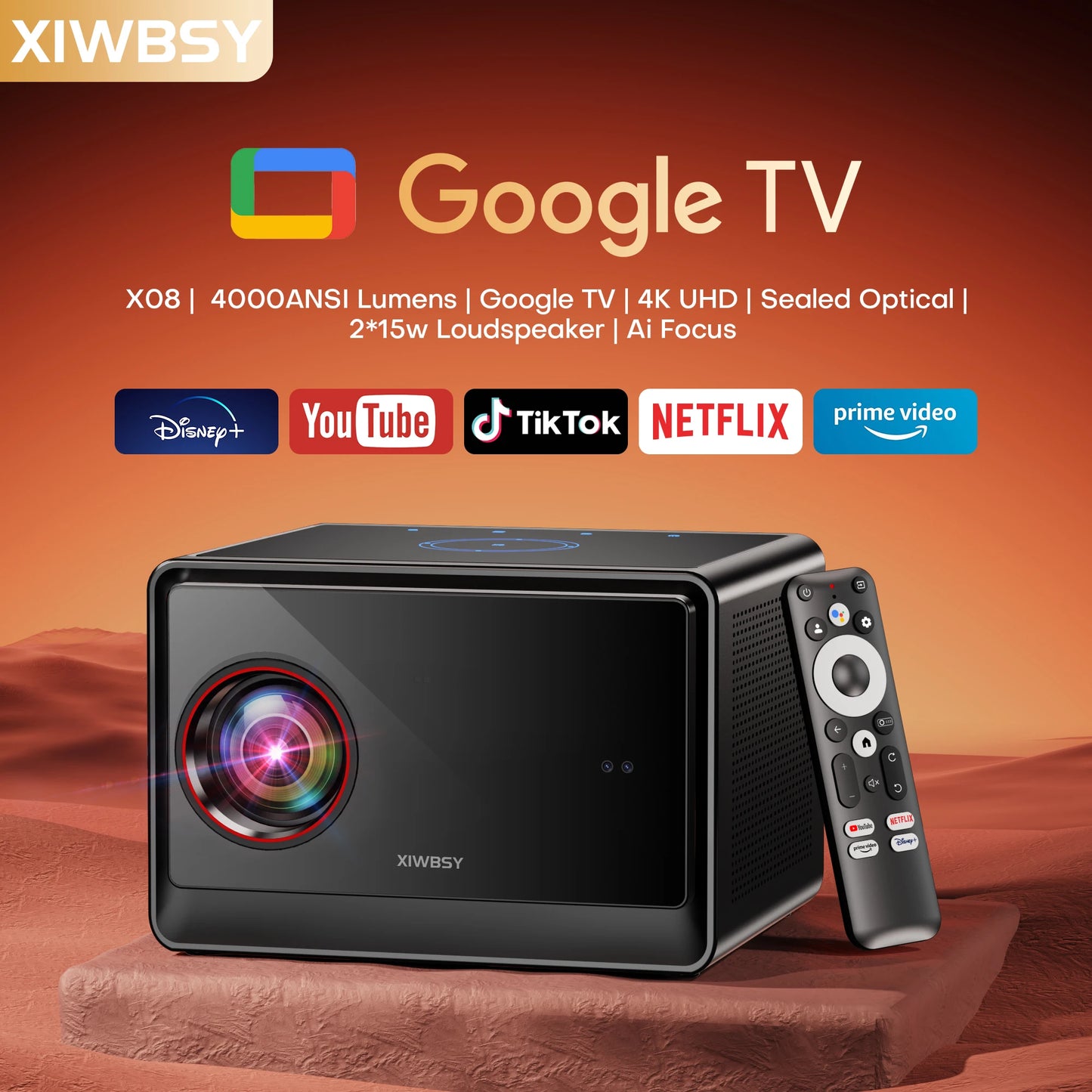 XIWBSY 64GB Google TV Projector 4000ANSI Offline Cinema Beamer 4K HD Video Projector Android 14.0 Sealed Optical Projector