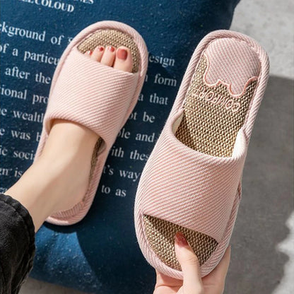 Women Linen Slippers Four Seasons Women Indoor Sandals Adults Cartoon Slides Couples Open toed Breathable Home Shoes