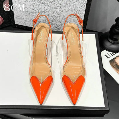 2026 Summer New Fairy-style Heart-shaped Pointed Toe Thin Heel Sandals for Women Transparent Patchwork Headpiece Back High Heels