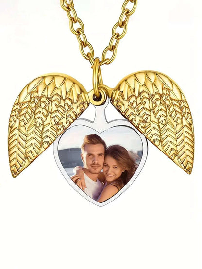 Custom photo pendant commemorative necklace, personalised heart-shaped photo angel wing pendant necklace, personalised gift