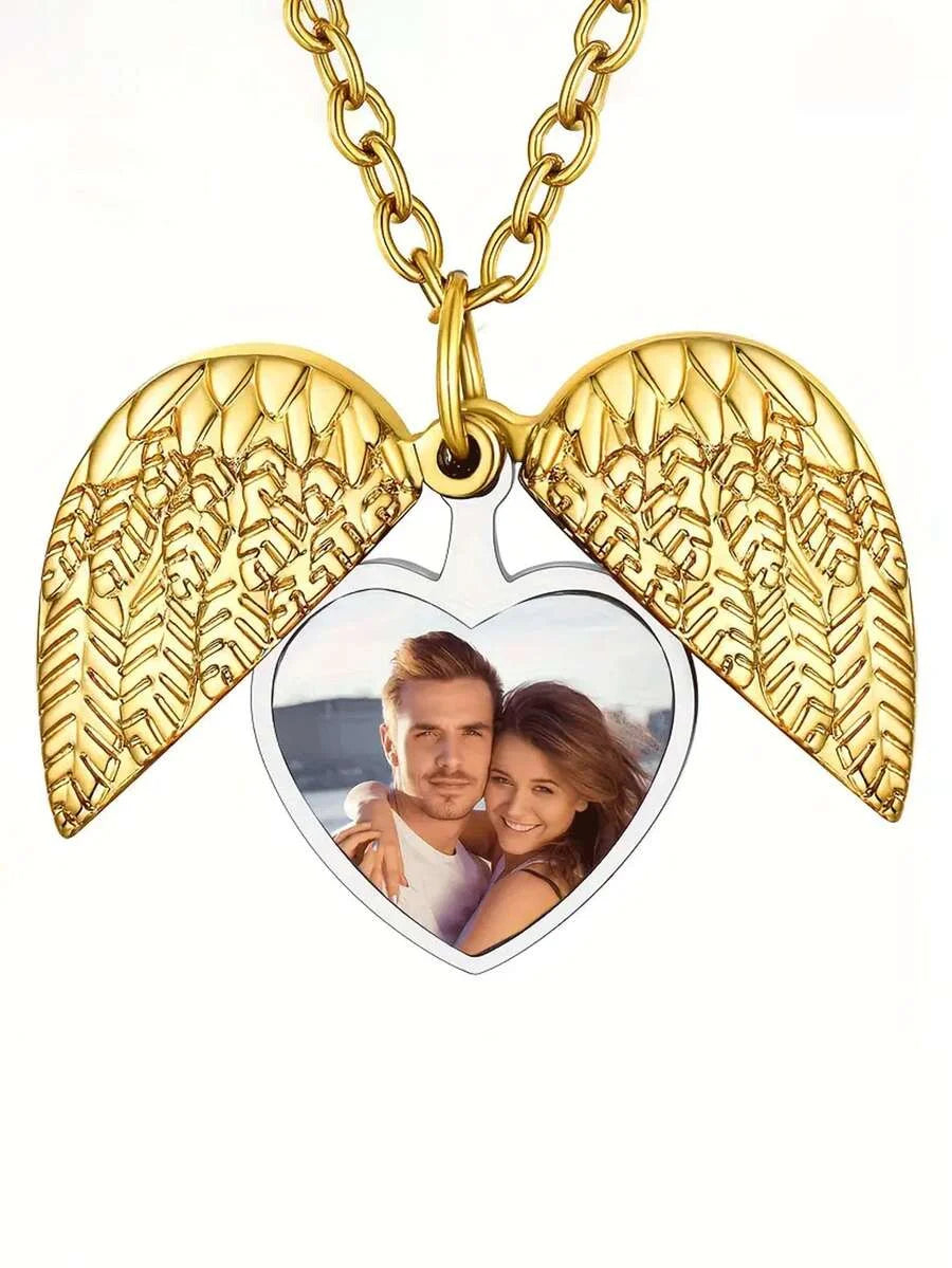 Custom photo pendant commemorative necklace, personalised heart-shaped photo angel wing pendant necklace, personalised gift