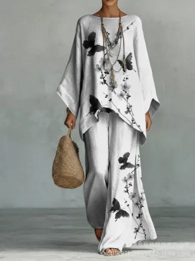 Boho Two Piece Set Summer Women's Loose Patchwork Wide Leg Pants Set Fashion O Neck Pullover Top 2-piece Set Outfit Streetwear