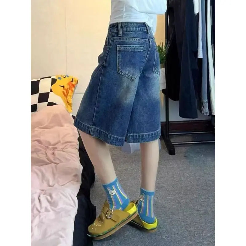 Blue Loose Wide Leg Denim Shorts Women's Summer New Design High Waist Loose Slim Straight Five-Quarter Pants