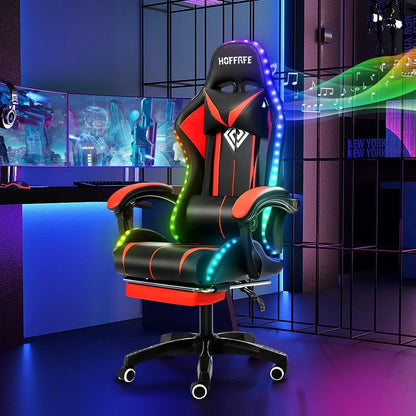 Fashion High Back Video Game Chair with Speakers Massage Computer Gaming Chair with LED Lights and Footrest