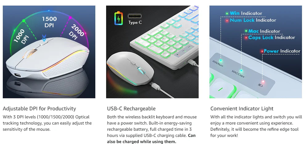USB Wireless Keyboard and Mouse Set RGB Backlit Rechargeable Light Up Letters Full-Size Wireless Keyboard for Computer