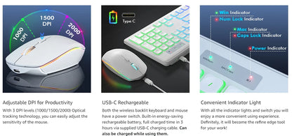 USB Wireless Keyboard and Mouse Set RGB Backlit Rechargeable Light Up Letters Full-Size Wireless Keyboard for Computer