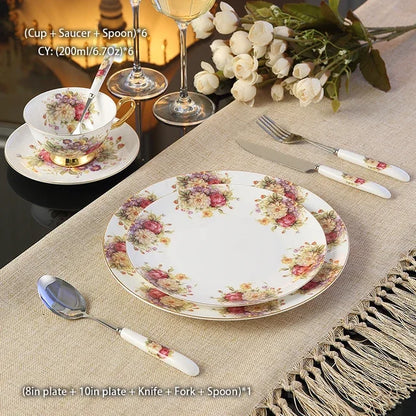 Europe Pastoral Bone China Tableware Set with Fork Knife Dishes Plates British Royal Advanced Porcelain Meal Cutlery Dinnerware