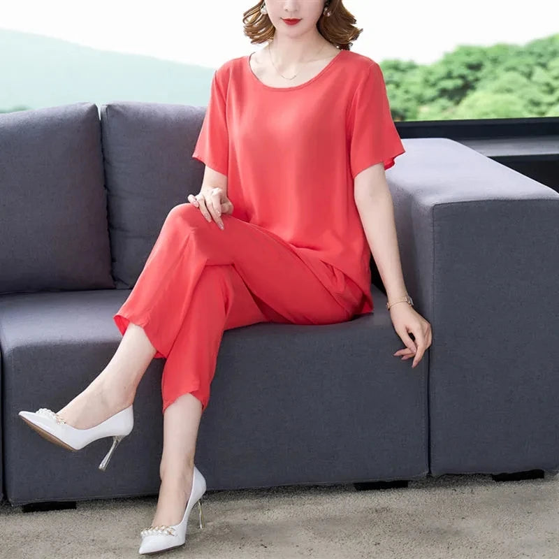 Cotton Silk Suit Summer Women's Sets New Casual Solid Color Short Sleeve Ankle-Length Pants 2 Piece Set Middle Age Mother Outfit