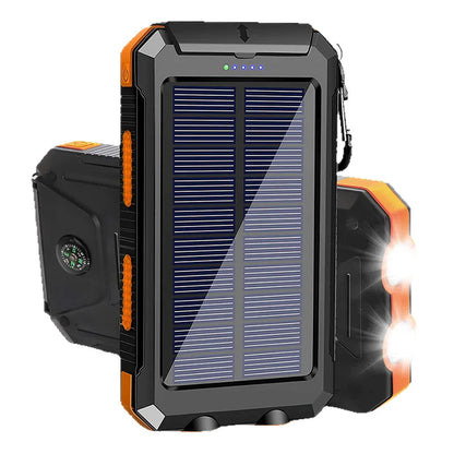 Rugged Solar Power Bank – Waterproof Outdoor Portable Charger with Dual LED Flashlights & Compass, High-Capacity External Battery Pack for Camping, Hiking, and Emergencies