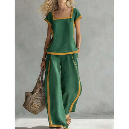 Fashion Square-neck Short-sleeved Wide-leg Trousers Women 2piece Summer New Casual Retro Pocket Trousers Female Office Suit 2026