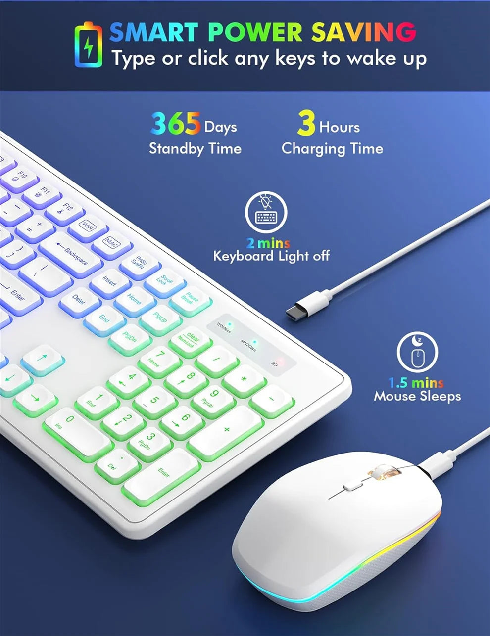 USB Wireless Keyboard and Mouse Set RGB Backlit Rechargeable Light Up Letters Full-Size Wireless Keyboard for Computer