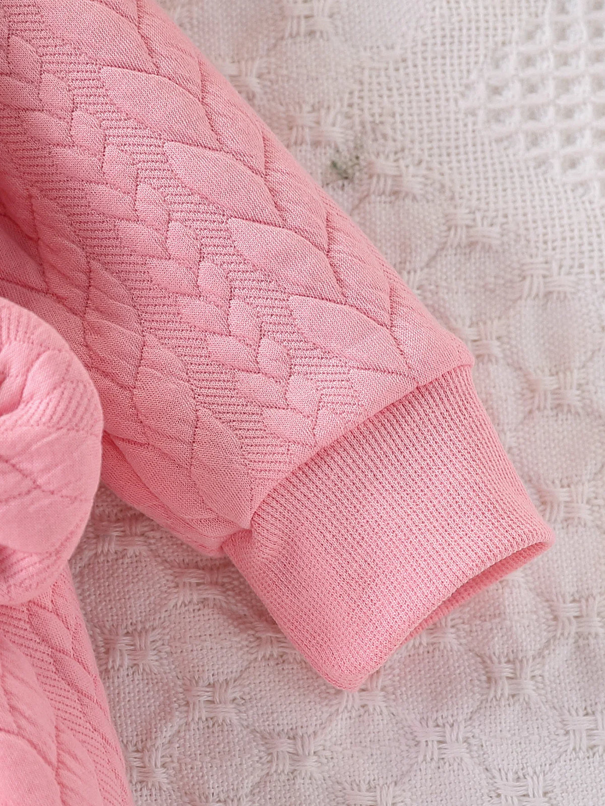 Pink Thickened One-Piece Romper for Baby Girls, with Cable Knit Quilted Fabric, Doll Collar with Hollow Lace, Double Bow, Snap Buttons on the Front and Crotch, Warm and Cute
