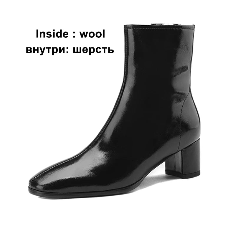 Meotina Women Genuine Leather Ankle Fur Wool Boots Round Toe Thick Mid Heel Zipper Ladies Fashion Short Boot Autumn Winter Shoes