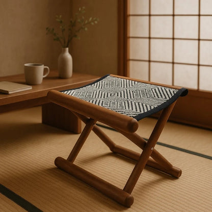 Portable Folding Stool for Outdoor Camping Lightweight Wooden Seat with Cotton Woven Top Home Travel Compact Folding Bench